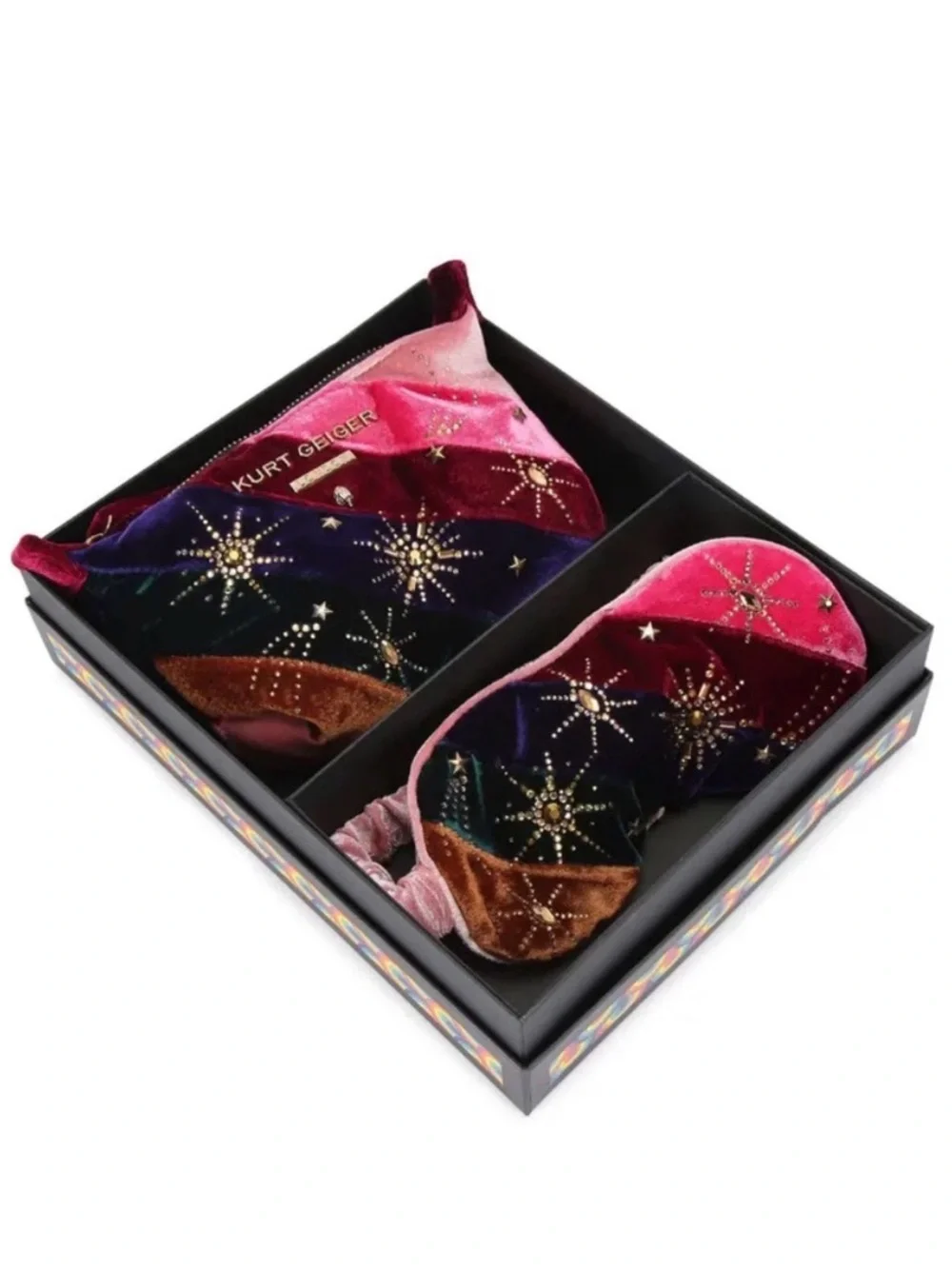 Kurt Geiger Velvet Multicolor Embellished Eye Mask & Pouch Set NIB